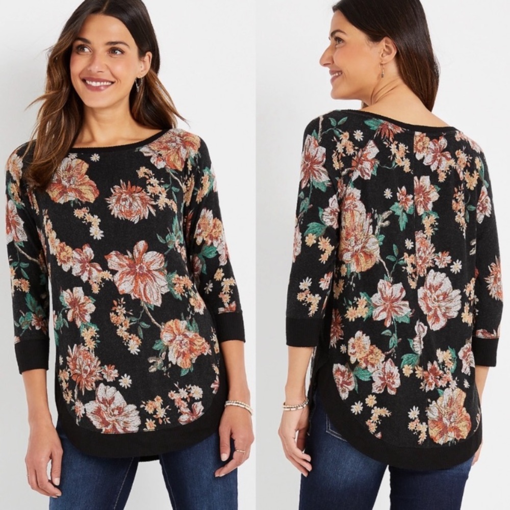 Maurices Black Floral 3/4 Length Sleeve Top.  Worn once.  Excellent condition!